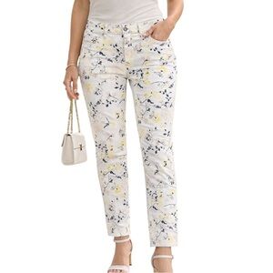 WHBM Floral Slim Ankle Pants White Yellow Size 6 Spring Womens